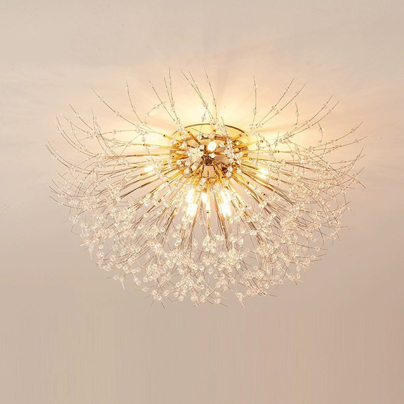 Contemporary Creative Branch Round Dandelion Shape Iron Crystal 4/5/6/8 Light Semi-flush Mount Ceiling Light for Living Room