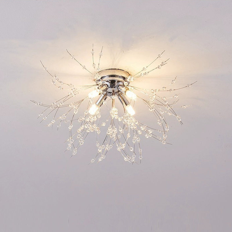 Contemporary Creative Branch Round Dandelion Shape Iron Crystal 4/5/6/8 Light Semi-flush Mount Ceiling Light for Living Room