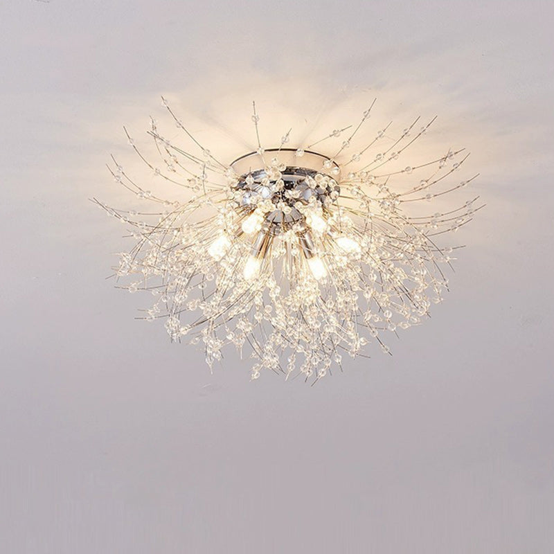 Contemporary Creative Branch Round Dandelion Shape Iron Crystal 4/5/6/8 Light Semi-flush Mount Ceiling Light for Living Room