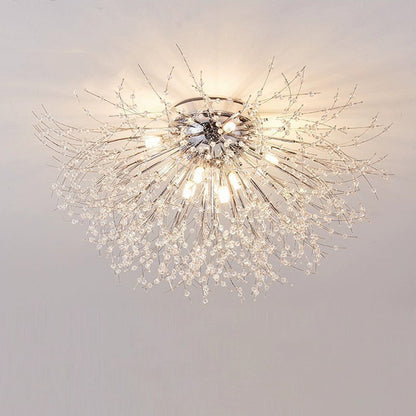 Contemporary Creative Branch Round Dandelion Shape Iron Crystal 4/5/6/8 Light Semi-flush Mount Ceiling Light for Living Room