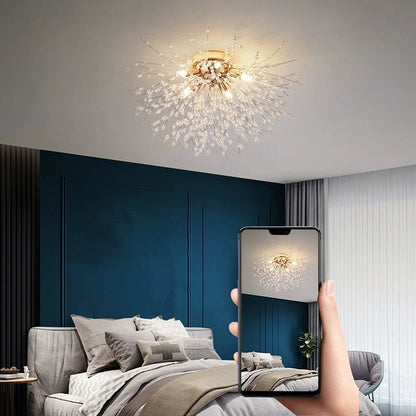 Contemporary Creative Branch Round Dandelion Shape Iron Crystal 4/5/6/8 Light Semi-flush Mount Ceiling Light for Living Room
