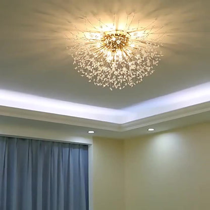 Contemporary Creative Branch Round Dandelion Shape Iron Crystal 4/5/6/8 Light Semi-flush Mount Ceiling Light for Living Room