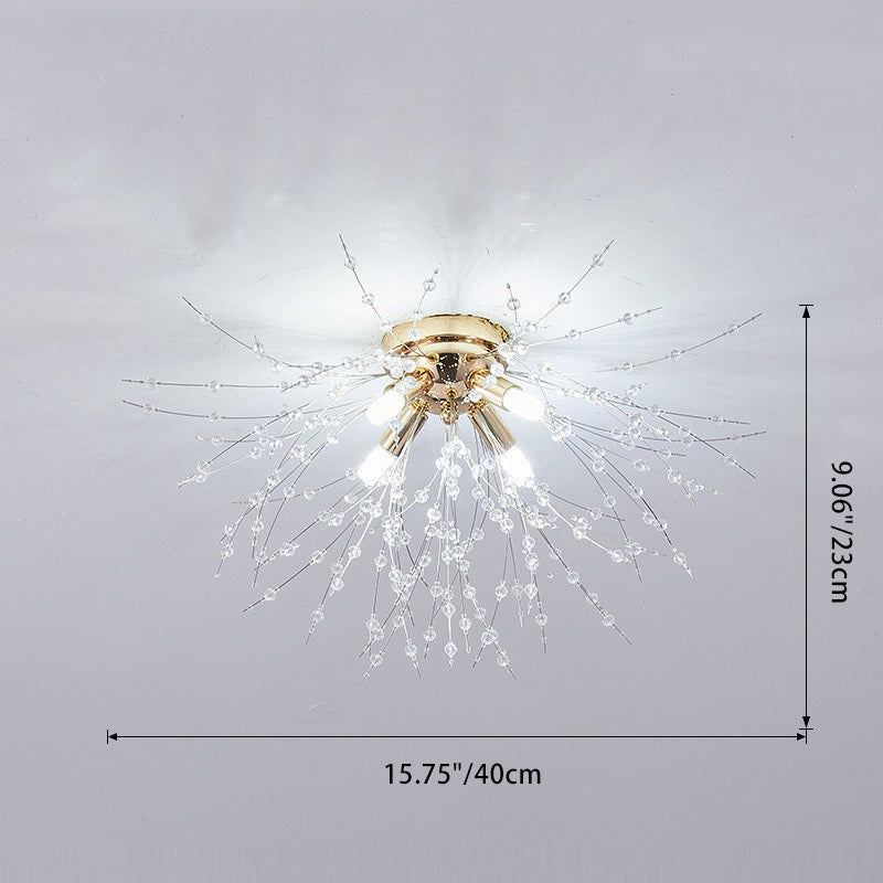 Contemporary Creative Branch Round Dandelion Shape Iron Crystal 4/5/6/8 Light Semi-flush Mount Ceiling Light for Living Room