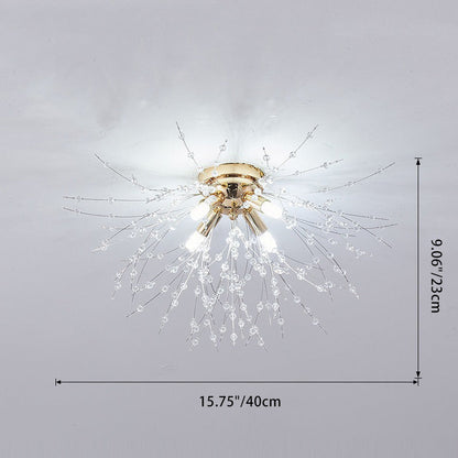 Contemporary Creative Branch Round Dandelion Shape Iron Crystal 4/5/6/8 Light Semi-flush Mount Ceiling Light for Living Room