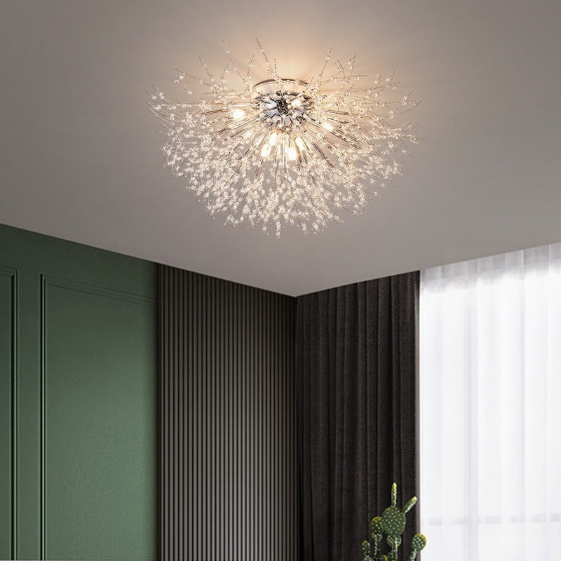 Contemporary Creative Branch Round Dandelion Shape Iron Crystal 4/5/6/8 Light Semi-flush Mount Ceiling Light for Living Room
