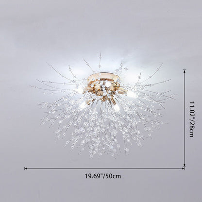 Contemporary Creative Branch Round Dandelion Shape Iron Crystal 4/5/6/8 Light Semi-flush Mount Ceiling Light for Living Room