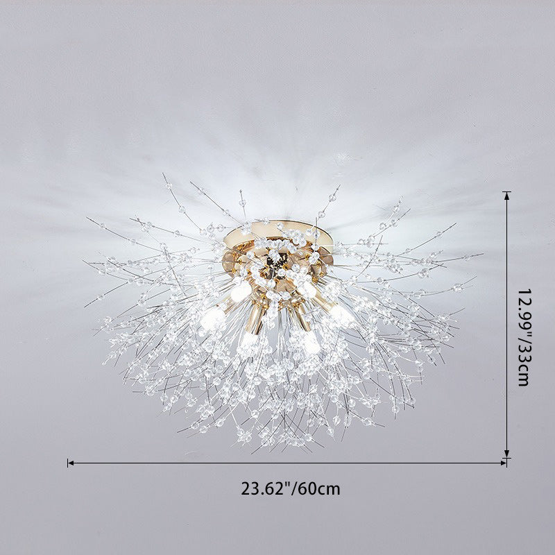 Contemporary Creative Branch Round Dandelion Shape Iron Crystal 4/5/6/8 Light Semi-flush Mount Ceiling Light for Living Room