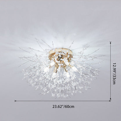 Contemporary Creative Branch Round Dandelion Shape Iron Crystal 4/5/6/8 Light Semi-flush Mount Ceiling Light for Living Room