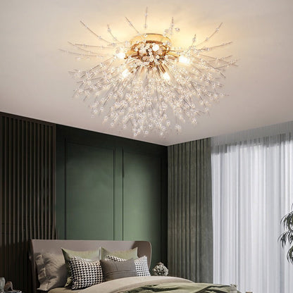 Contemporary Creative Branch Round Dandelion Shape Iron Crystal 4/5/6/8 Light Semi-flush Mount Ceiling Light for Living Room