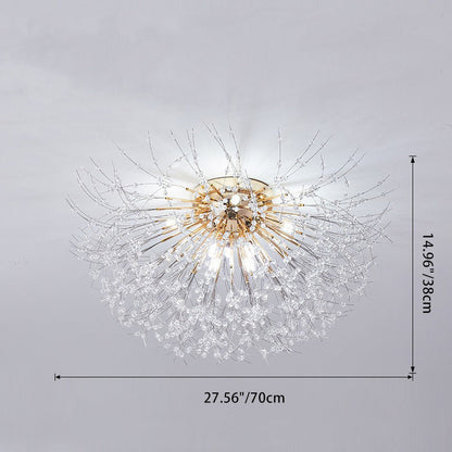 Contemporary Creative Branch Round Dandelion Shape Iron Crystal 4/5/6/8 Light Semi-flush Mount Ceiling Light for Living Room
