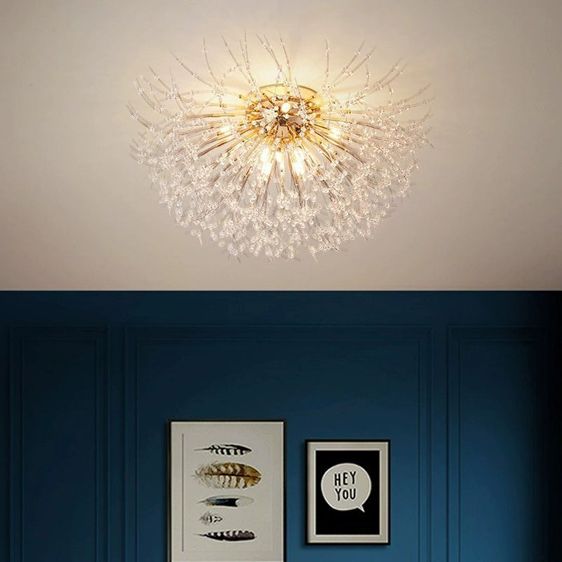 Contemporary Creative Branch Round Dandelion Shape Iron Crystal 4/5/6/8 Light Semi-flush Mount Ceiling Light for Living Room