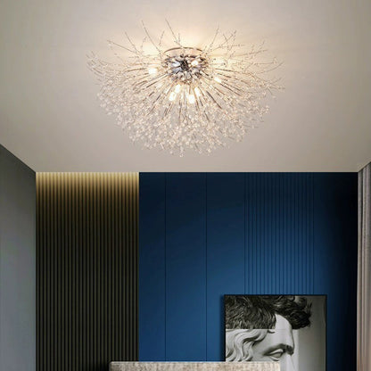 Contemporary Creative Branch Round Dandelion Shape Iron Crystal 4/5/6/8 Light Semi-flush Mount Ceiling Light for Living Room