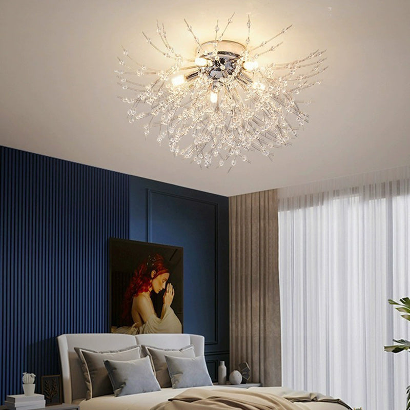 Contemporary Creative Branch Round Dandelion Shape Iron Crystal 4/5/6/8 Light Semi-flush Mount Ceiling Light for Living Room