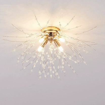 Contemporary Creative Branch Round Dandelion Shape Iron Crystal 4/5/6/8 Light Semi-flush Mount Ceiling Light for Living Room