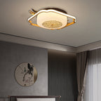Traditional Chinese Round Rectangle Copper Frame Glass Shade LED Flush Mount Ceiling Light For Living Room