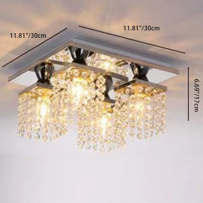 Modern Luxury Square Stainless Steel Frame Crystal Shade 4-Light Semi-Flush Mount Ceiling Light For Living Room