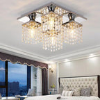 Modern Luxury Square Stainless Steel Frame Crystal Shade 4-Light Semi-Flush Mount Ceiling Light For Living Room