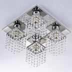 Modern Luxury Square Stainless Steel Frame Crystal Shade 4-Light Semi-Flush Mount Ceiling Light For Living Room