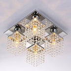 Modern Luxury Square Stainless Steel Frame Crystal Shade 4-Light Semi-Flush Mount Ceiling Light For Living Room