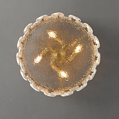 Modern Art Deco Round Flower Petal Brass Ceramic Glass 3/4 Light Flush Mount Ceiling Light For Living Room
