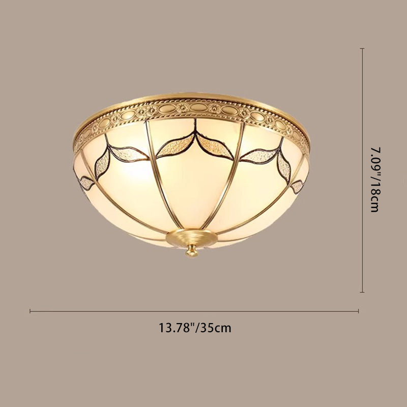 Traditional Vintage Round Dome Leaf Full Copper Frame Glass Shade 3/4 Light Flush Mount Ceiling Light For Living Room