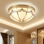 Traditional Vintage Round Dome Leaf Full Copper Frame Glass Shade 3/4 Light Flush Mount Ceiling Light For Living Room