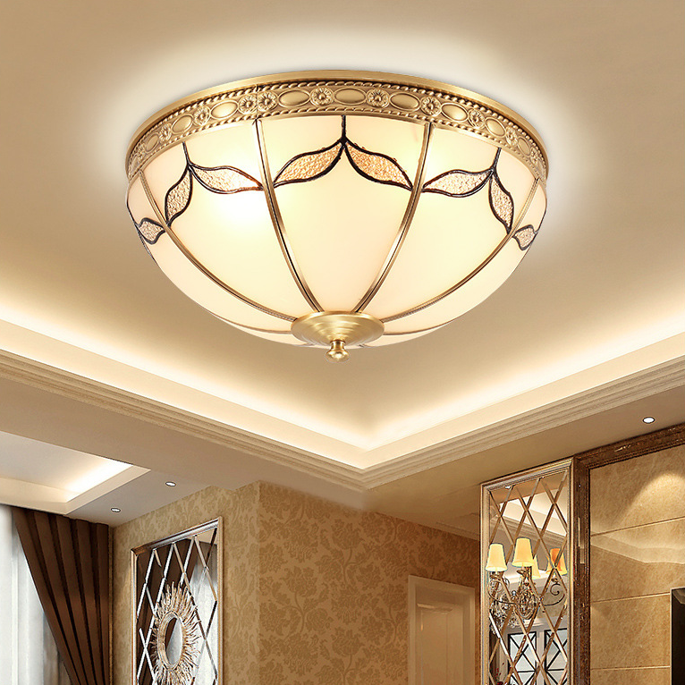 Traditional Vintage Round Dome Leaf Full Copper Frame Glass Shade 3/4 Light Flush Mount Ceiling Light For Living Room