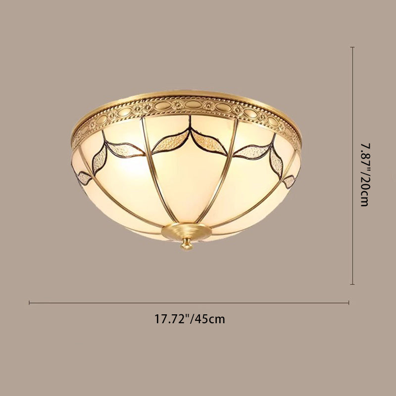 Traditional Vintage Round Dome Leaf Full Copper Frame Glass Shade 3/4 Light Flush Mount Ceiling Light For Living Room
