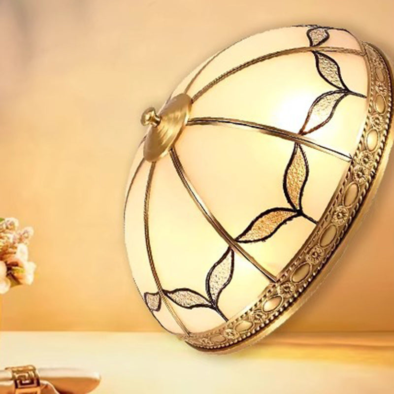 Traditional Vintage Round Dome Leaf Full Copper Frame Glass Shade 3/4 Light Flush Mount Ceiling Light For Living Room