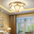 Traditional Vintage Round Dome Leaf Full Copper Frame Glass Shade 3/4 Light Flush Mount Ceiling Light For Living Room