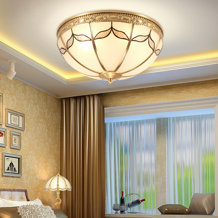 Traditional Vintage Round Dome Leaf Full Copper Frame Glass Shade 3/4 Light Flush Mount Ceiling Light For Living Room
