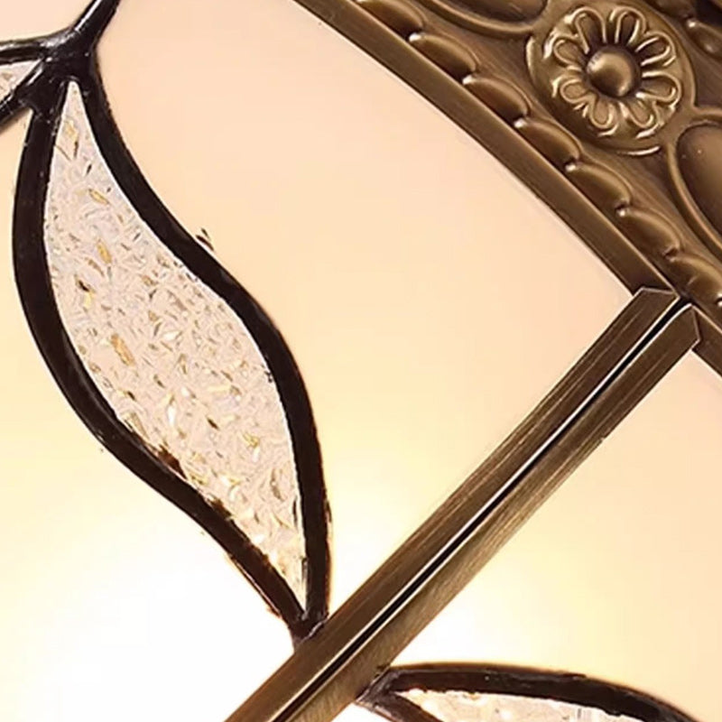 Traditional Vintage Round Dome Leaf Full Copper Frame Glass Shade 3/4 Light Flush Mount Ceiling Light For Living Room