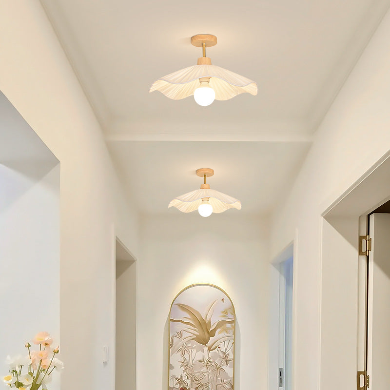 Modern Minimalist Round Flower Wooden Fabric Shade 1-Light Semi-Flush Mount Ceiling Light For Living Room Lumendat