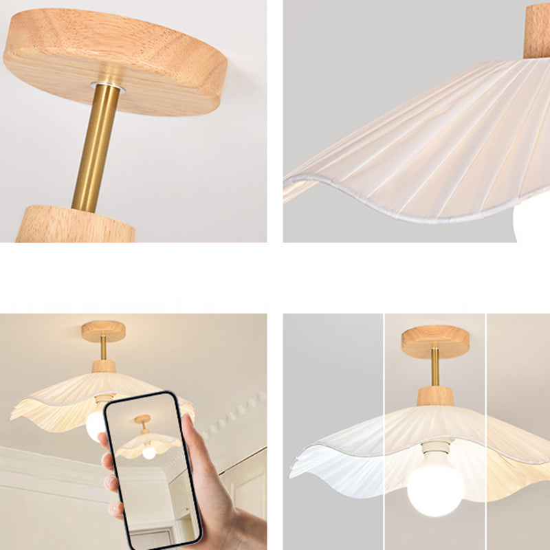 Modern Minimalist Round Flower Wooden Fabric Shade 1-Light Semi-Flush Mount Ceiling Light For Living Room Lumendat