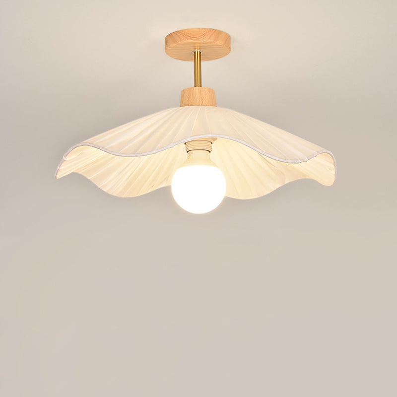 Modern Minimalist Round Flower Wooden Fabric Shade 1-Light Semi-Flush Mount Ceiling Light For Living Room Lumendat