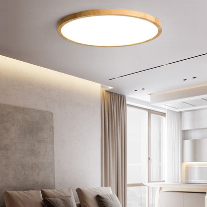 Modern Minimalist Round Solid Wood Frame Acrylic Shade LED Flush Mount Ceiling Light for Living Room
