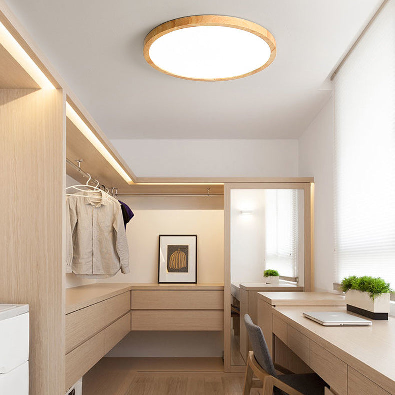 Modern Minimalist Round Solid Wood Frame Acrylic Shade LED Flush Mount Ceiling Light for Living Room