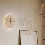 Modern Minimalist Round Clock Yellow Travertine Wood LED Wall Sconce Lamp For Living Room