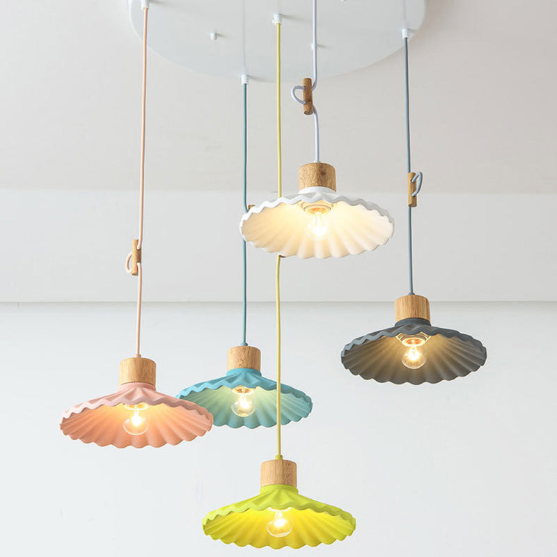 Contemporary Nordic Round Pleated Wood Cement 1-light Pendant Light for Living Room BulbSquare