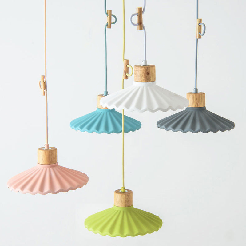 Contemporary Nordic Round Pleated Wood Cement 1-light Pendant Light for Living Room BulbSquare