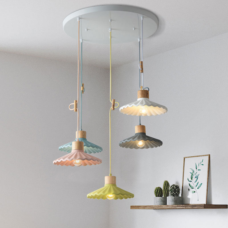 Contemporary Nordic Round Pleated Wood Cement 1-light Pendant Light for Living Room BulbSquare