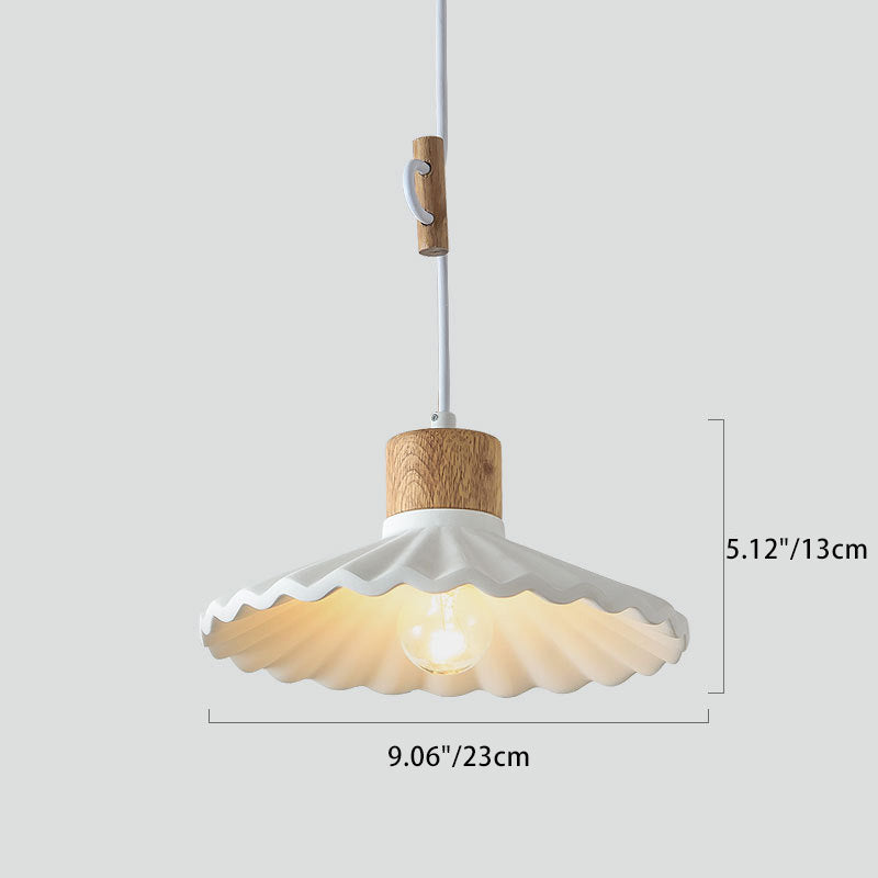 Contemporary Nordic Round Pleated Wood Cement 1-light Pendant Light for Living Room BulbSquare