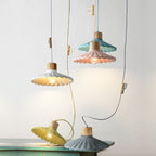 Contemporary Nordic Round Pleated Wood Cement 1-light Pendant Light for Living Room BulbSquare