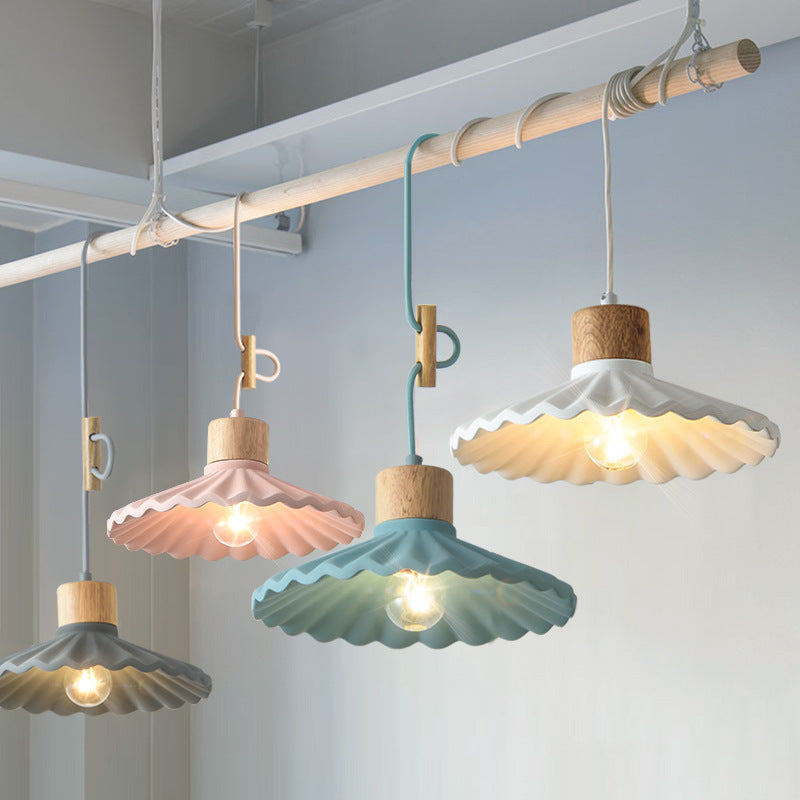 Contemporary Nordic Round Pleated Wood Cement 1-light Pendant Light for Living Room BulbSquare