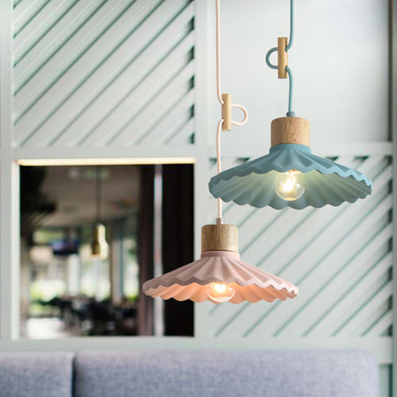 Contemporary Nordic Round Pleated Wood Cement 1-light Pendant Light for Living Room BulbSquare