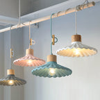 Contemporary Nordic Round Pleated Wood Cement 1-light Pendant Light for Living Room BulbSquare