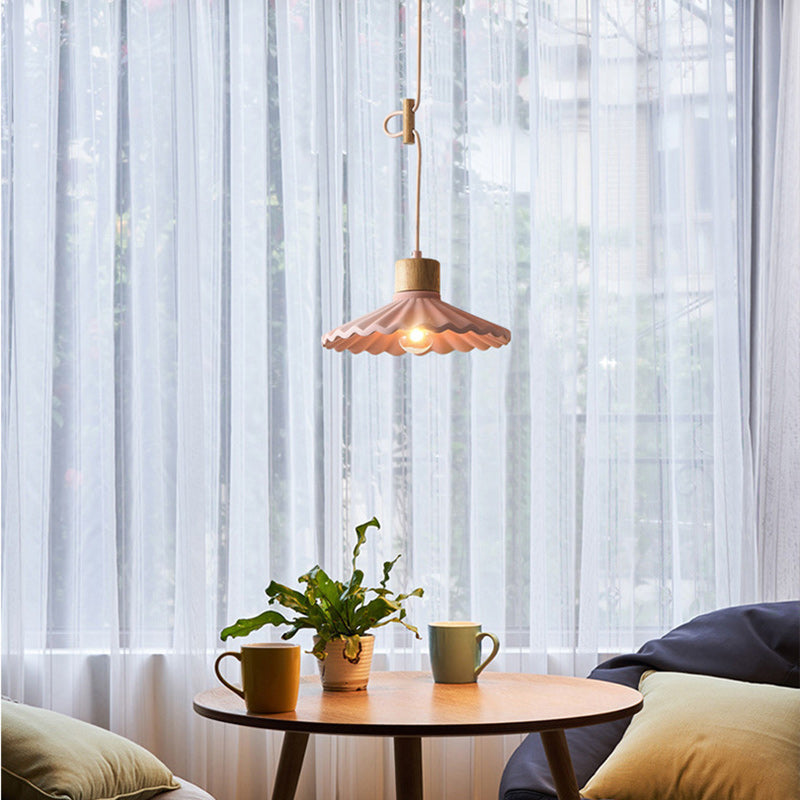 Contemporary Nordic Round Pleated Wood Cement 1-light Pendant Light for Living Room BulbSquare