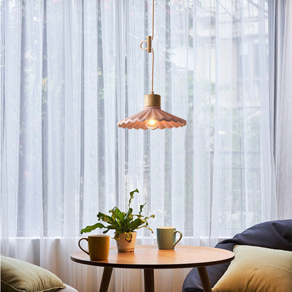 Contemporary Nordic Round Pleated Wood Cement 1-Light Pendant Light For Living Room