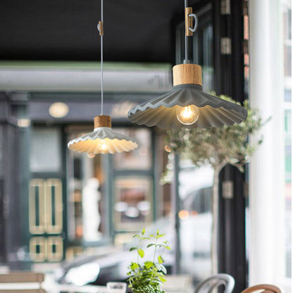 Contemporary Nordic Round Pleated Wood Cement 1-Light Pendant Light For Living Room