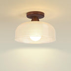 Contemporary Retro Round Dome Bowl Wood Glass 1-light Semi-flush Mount Ceiling Light for Living Room